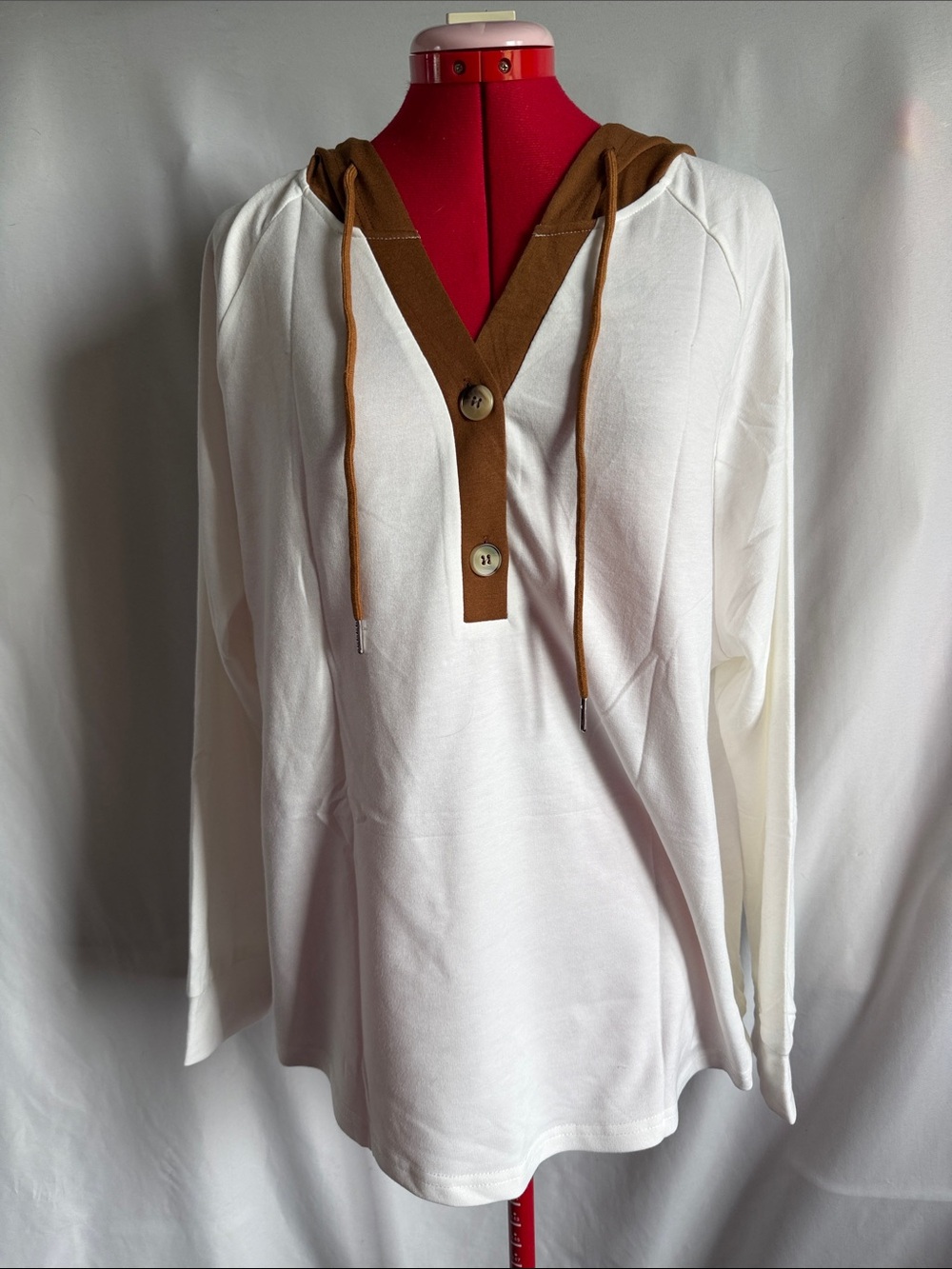 Women’s Hooded Button V-Neck Pullover Sweatshirt - White with Brown Trim